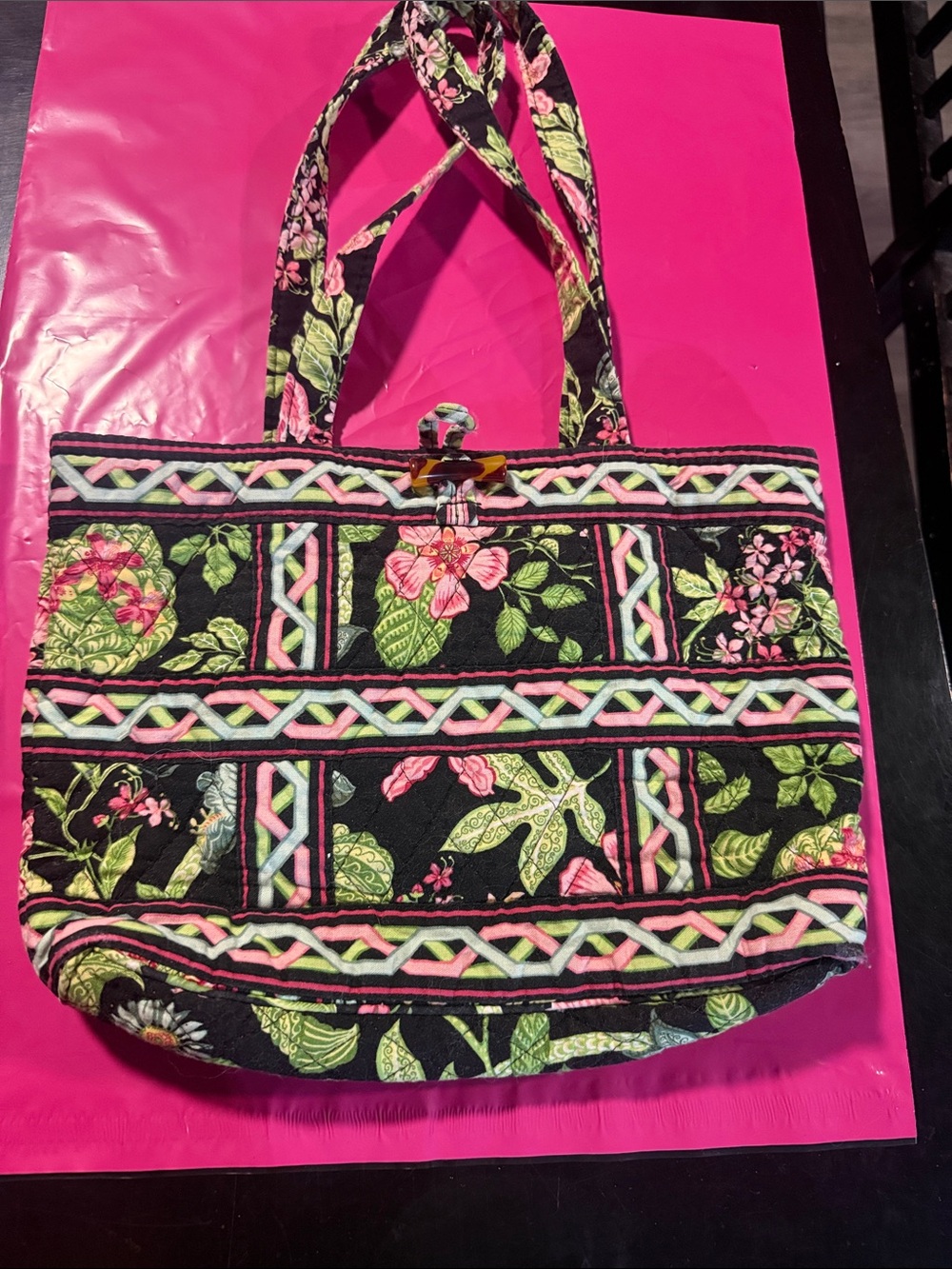 Vera Bradley Black Quilted Floral Tote with Pink and Green Accents